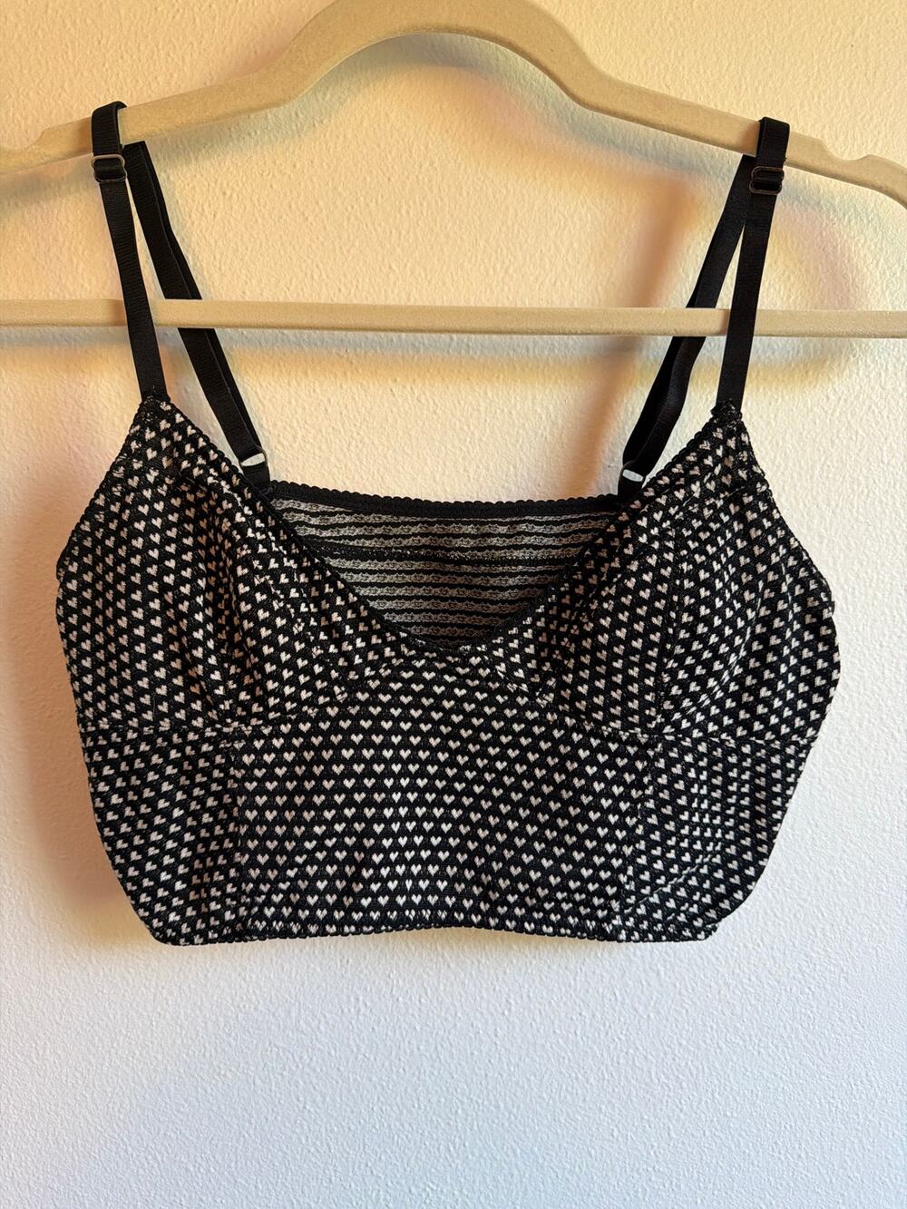 Intimately FP Bralette Crop Top Black w/White Hearts Textured Knit | Size S